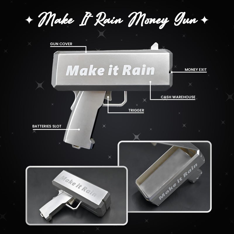 RADSHSP Make It Rain Money Toy Gun Silver Automatic Money Gun Prop Party Shooter Gun for Weddings Birthdays Christmas New Year Night Club Fun Party Surprise Gifts - Image 4